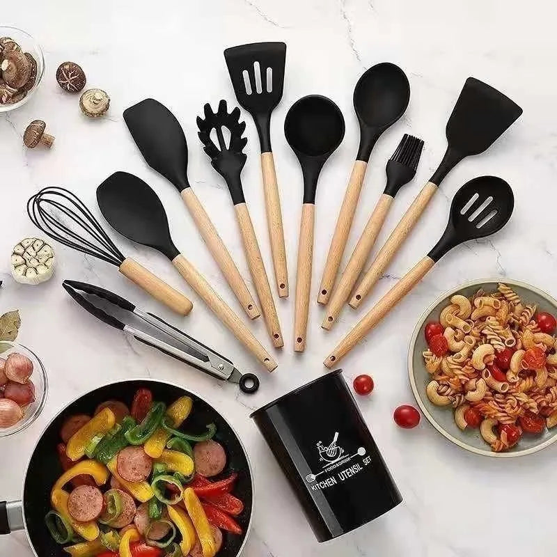 Kit Completo de Ferramentas de Cozinha em Silicone – 12 Peças com Suporte de Madeira